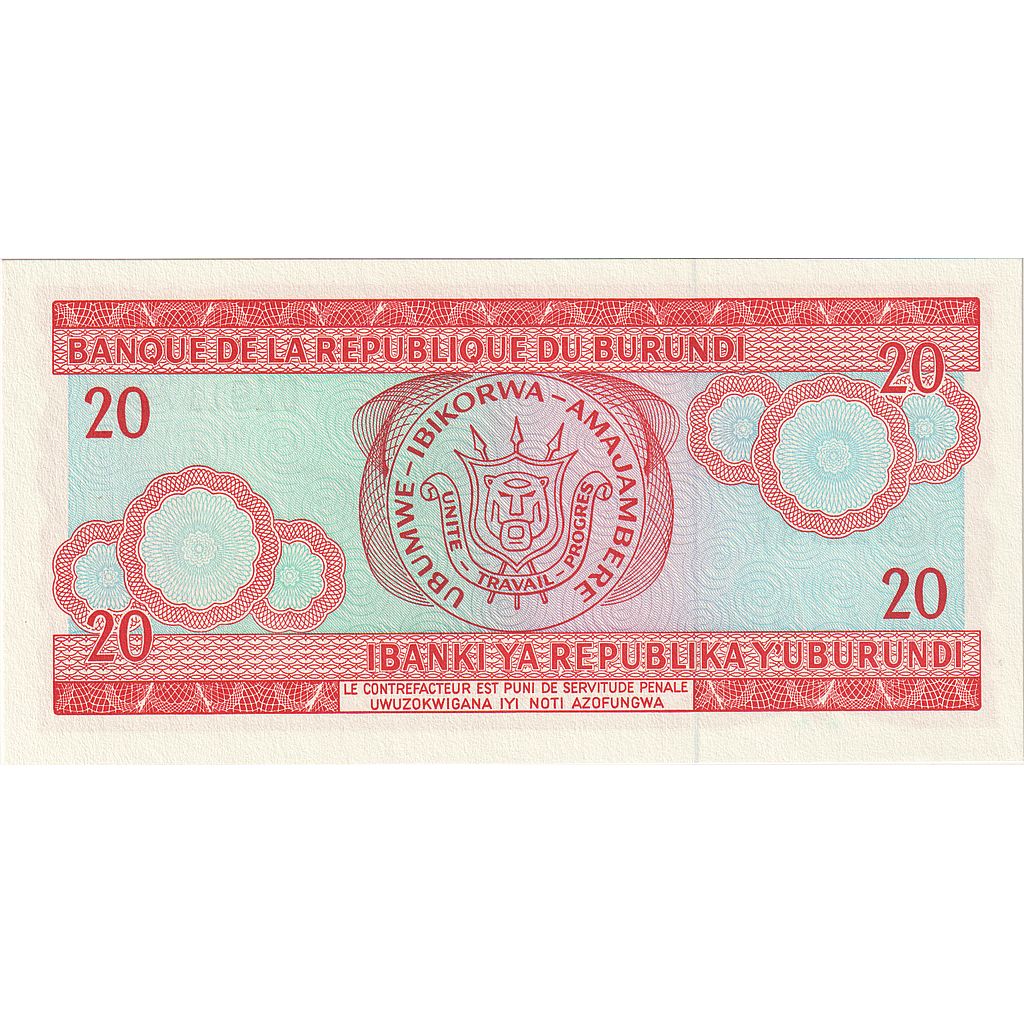 Banknot, 
  
  Burundi, 
  
  20 Frank