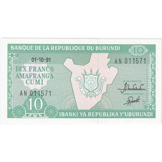 Burundi, 
  
  10 Frank, 
  
  1989-10-01