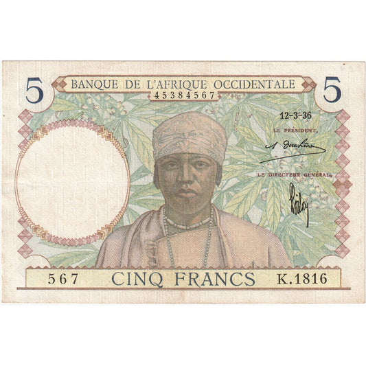 Fransız Batı Afrika, 
  
  5 Frank, 
  
  1936