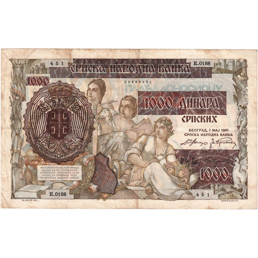 Sırbistan, 
  
  500 Dinara karşılık 1000 Dinara, 
  
  1941