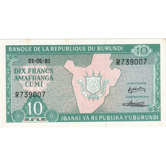 Burundi, 
  
  10 Frank, 
  
  1981-06-01