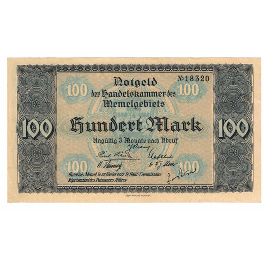 Banknot, 
  
  Memel, 
  
  100 Mark