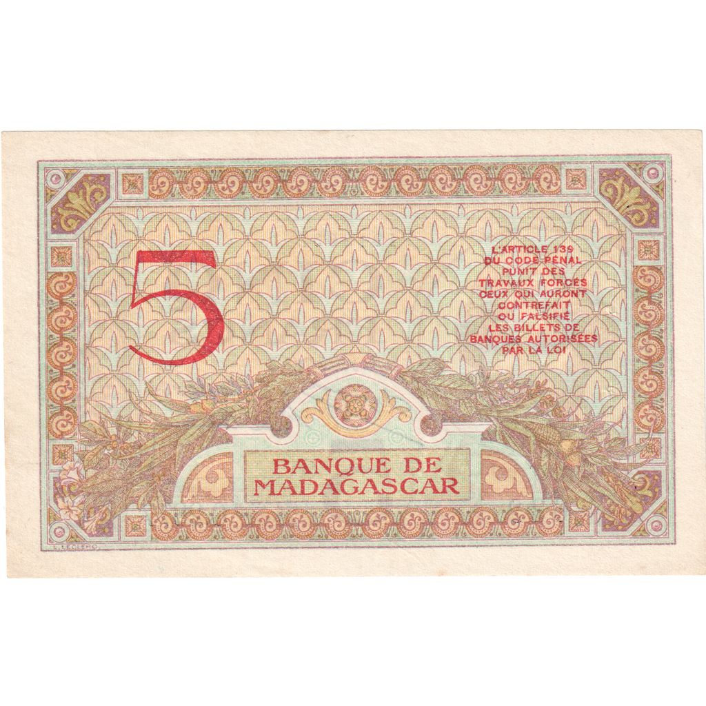 Madagaskar, 
  
  5 Frank, 
  
  Tarihsiz (1937)